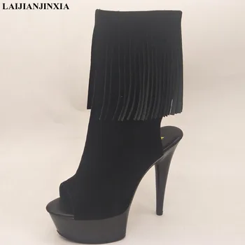LAIJIANJINXIA/Нови Стилни ботильоны с пискюли, с високо качество, 15 см, Велур Ботильоны на платформа, обувки на висок ток 6 см, женски обувки