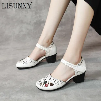 LISUNNY/Дамски Сандали от естествена кожа, Лятна обувки на висок ток 5 см, Дамски обувки с цветя, 2021, Отворени Сандали
