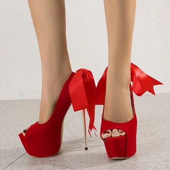 Liyke/Летни вечерни сватбени червени Пикантни женски обувки на висок ток с отворени пръсти 17 см, Модни Копринени обувки-лодка на платформата с шнур, Размер 35-42 0