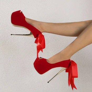 Liyke/Летни вечерни сватбени червени Пикантни женски обувки на висок ток с отворени пръсти 17 см, Модни Копринени обувки-лодка на платформата с шнур, Размер 35-42 3