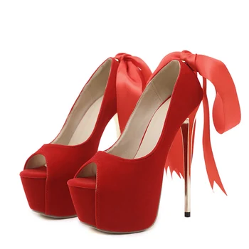 Liyke/Летни вечерни сватбени червени Пикантни женски обувки на висок ток с отворени пръсти 17 см, Модни Копринени обувки-лодка на платформата с шнур, Размер 35-42 4