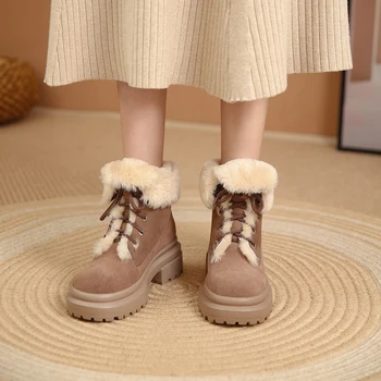 MEZEREON/Зимни Обувки От Волска кожа, Дамски Зимни Обувки, Топли Вътрешни Обувки на Платформа с появата на шнур, Обувки на среден ток, Botas Feminino