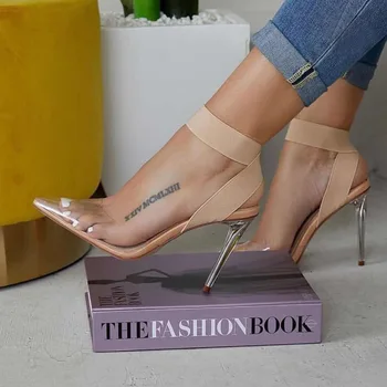 MHYONS/2019 г. Лаконичен дамски сандали от PVC Прозрачно Прозрачно Стъкло На Тънък Висок Ток с остър пръсти, без съединителни Дамски обувки Кайсиев цвят 0