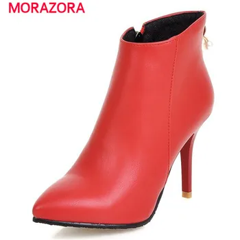 MORAZORA/Обувки с остър пръсти на тънък висок ток с цип, по-големи размери 34-45, женски обикновена ботильоны за сватбени партита, есенни