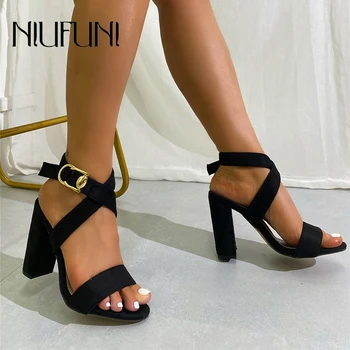 NIUFUNI/ Дамски сандали с кръгло бомбе и отворени пръсти, с кръстосан каишка, на Висок Дебел ток, Обикновена черна Пикантни обувки-гладиатори, Размер 35-42