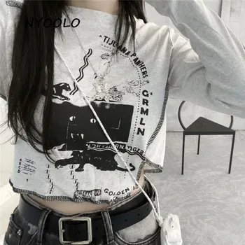 NYOOLO Ежедневни градинска дрехи с нередовни писмото принтом, тениска с висока талия и дълъг ръкав, дамски пуловери в стил харадзюку в стил хип-хоп, пънк, потници, тениска
