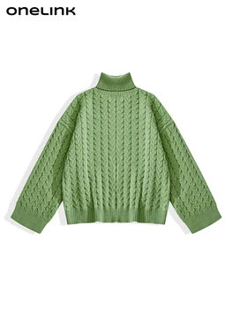 ONELINK Поло Зелен Плюс Размери За Жени Есен Зима Пуловер Пуловер Кабел Тъкане на Модел на Плетени Потници Коригиращи Oversize Костюми