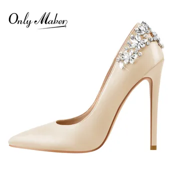 Onlymaker/ женски красиви Сватбени обувки на тънък Ток, с остри пръсти, 12 см, червени, бели, за Булката, с изкуствени Диаманти, Големи Размери, Дамски Обувки-лодка