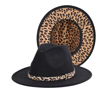 Out Black Фетровая шапка в стил джаз с леопардовым принтом и леопардовой лента От Вълна, филц, есенно-зимни дамски И мъжки Модни Църковните Сватбени Шапки