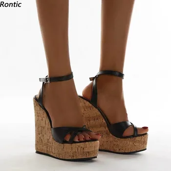 Rontic/Дамски летни обувки с каишка отзад, Ръчна изработка на платформа с каишка на щиколотке, Танкетке, Висок Ток, с Отворени пръсти, черни, Бели вечерни обувки, размер САЩ 5-20