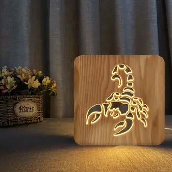 Scorpion 3d Дървена Лампа с Креативен Подарък Дървена Куха Резба Led Нощни Лампи за Разсеяна Светлина за Дома Deocr