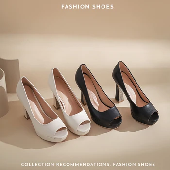 SKLFGXZY/Новост Пролетта; стилни дамски обувки-лодка на ток с рибено пръсти; дамски обувки от телешка кожа в Европейски стил; банкетни сватбени обувки 3