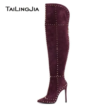 Tailingjia/ стилни дамски зимни обувки на висок ток с остър пръсти и Нитове 2021 г., Женски бордо черни ботуши до бедрото, с Шипове