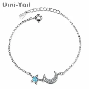 Uini-Tail горещо предложение, тибетское сребро 925 проба, малко прясно изкуствен син кристал, звездите, луната, микро-инкрустирани гривна, модерен поток на приливите и отливите