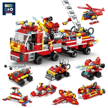 UKBOO 906 БР 8в1 Градска Пожарна кола Строителни Блокове направи си САМ Комплект за гасене на пожари Фигурка на Пожарникар Модел Тухли Играчки за Деца, Подарък За Момчета