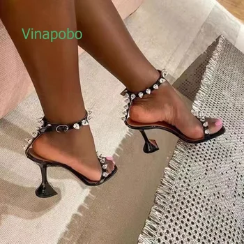 Vinapobo сребро, планински кристал, PVC прозрачен кристал сандали, летни модни тънки метални високи токчета квадратен чорап жени страна на помпата 3