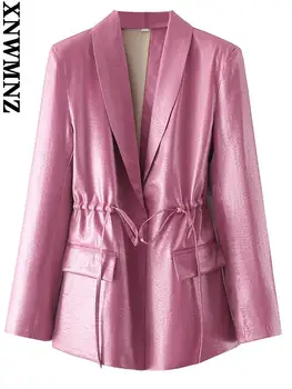 XNWMNZ Розов луксозен дълъг блейзър Женски 2022 модерен блейзър с завязками палто реколта елегантни блейзери с дълъг ръкав дамски яке