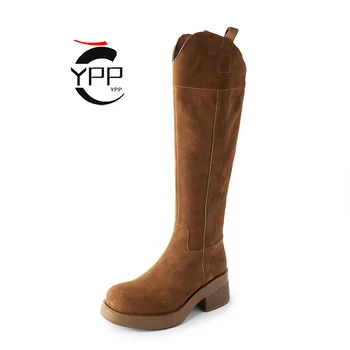 YPP/обувки в западен стил; дамски обувки на платформа без шнур от волска кожа, велур; Готини обувки за момичета-кравари; сезон Пролет-Есен; Ботуши до средата на прасците в Изчистен стил 0