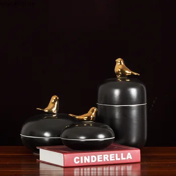 Американски Светлина Луксозен Черен Керамичен Кутия За Съхранение на Бижута Кутия За Съхранение на Бижута със Златна клетка за Капак Аксесоари За Декориране на Дневната