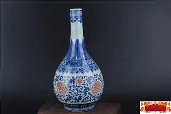 Антични порцеланова ваза QingDynasty, Червена, бяла и синя глазура, божур, Ръчно рисувани, Събиране и Украса, Безплатна доставка