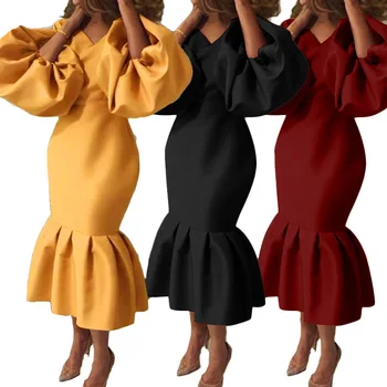 Африкански Рокли за Жени 2021 Пролет Африкански Жени V-образно деколте с Дълъг Ръкав Однотонное Рокля Африканска Облекло