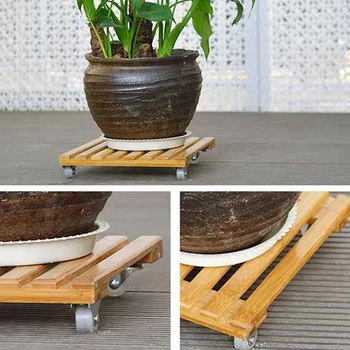 Бамбук поставка за растенията с колела, подвижни колела за саксиите, подходящи за външни стелажи за съхранение на растенията на терасата 4