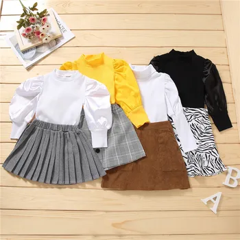 Бебешки комплекти дрехи за момичета от 1 до 6 години, Обикновен Трикотажни блузи в рубчик с пищни ръкави, поли с трапецовидна форма, с къдри, есенно-пролетния Комплект детски дрехи