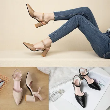 Безплатна доставка -2021, Пролетни Нови сандали с остри пръсти и ключалката на дебелите ток, Сандали с отворени пръсти, Модни дамски обувки 1