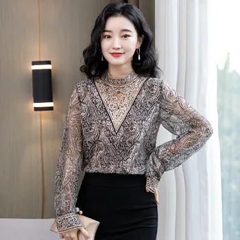 Блуза с принтом дамски 2021 пролет новият Корейски стил яка-часова кухи фенер с дълги ръкави модни свободна риза