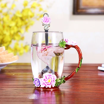 Божур цвете эмалированная чаша кристалното стъкло с капак, чаша домакински чаена чаша кафе, чаша за Празничен подарък на приятели Битови чаши за кафе 2