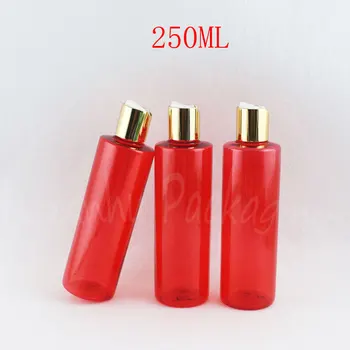 Бутилка от 250ML червена пластмаса с капак диск злато върха, бутилка шампоан 250КК/лосион, обгръщащ, празен козметични контейнер