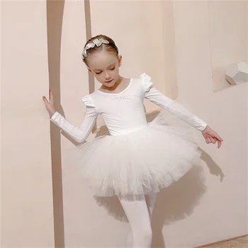 Бяла детска модерен балет дрехи с дълъг ръкав за изказвания, дрехи за страхотни танци за момичета, Цели облекло 2