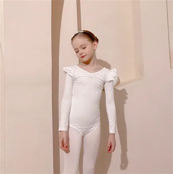 Бяла детска модерен балет дрехи с дълъг ръкав за изказвания, дрехи за страхотни танци за момичета, Цели облекло 4