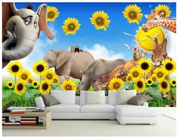 Висококачествени потребителски 3d тапети на стенописите красива детска стая свеж карикатура слон слънчоглед детски дом стенописи интериор