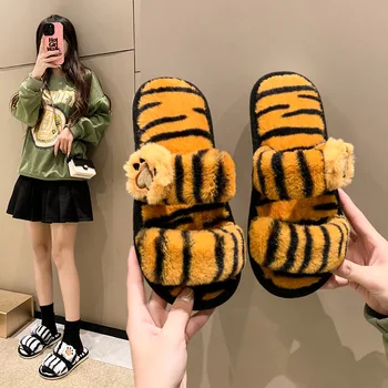 Готови домашни Вълнени пантофи с шарени Лапи на Тигър, женски Нови Зимни Модни Топли памучни обувки с отворени пръсти