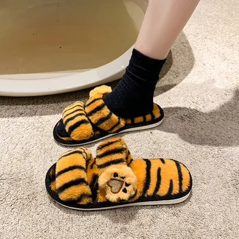 Готови домашни Вълнени пантофи с шарени Лапи на Тигър, женски Нови Зимни Модни Топли памучни обувки с отворени пръсти 2