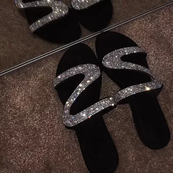 Дамски блестящи чехли с кристали, големи размери, Нескользящие Римски чехли на равна подметка, улични Сандали на равна подметка, Директна доставка от 2021 3