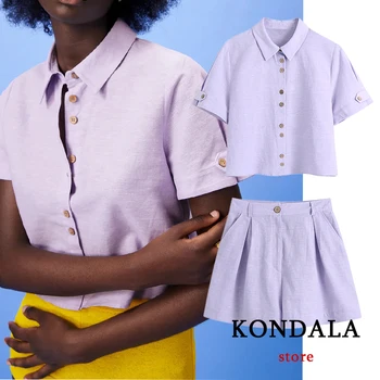 Дамски Комплекти за Градинска дрехи KONDALA Za, Лято 2021, 2 броя, Празнични Тениски с Копчета в Голям размер, с Къс Ръкав и Свободни Шорти с висока Талия