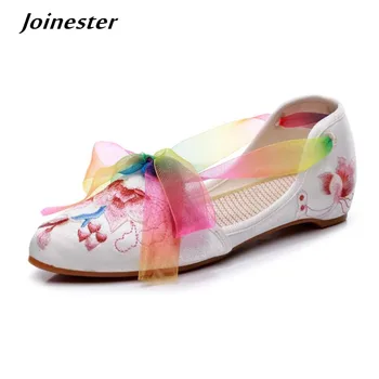 Дамски летни обувки от сатен-плат с бродерия във формата на цвете; Сандали с остри Пръсти и Лента от дантела; Етнически дамски модельная обувки, Сандали с нисък ток
