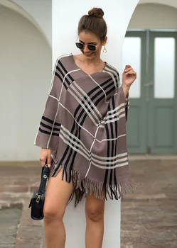 Дамски модни шал с пискюли от вълна и памук райе с дълъг ръкав и V-образно деколте в ивицата