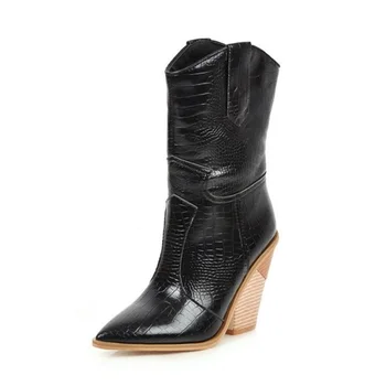 Дамски обувки, ботильоны на висок ток с остър пръсти, ботуши в западен стил от изкуствена кожа, дамски Модни зимни Каубойски ботуши, Големи Размери 34-43