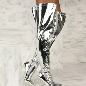 Дамски обувки на Огледално-рефлексен платформа с остри пръсти, ботуши над коляното на Висок тънък ток в стил пънк, Есен-зима, сребриста Ежедневни обувки за Партита с цип 1