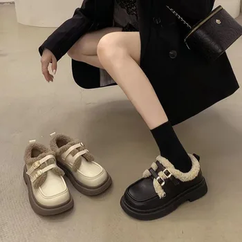 Дамски обувки от мека плюшени на кожата в британския стил, зима 2022, Нова дамски Реколта обувки Mary Jane ' s с катарамата на колана си, памучен обувки на дебела подметка 3