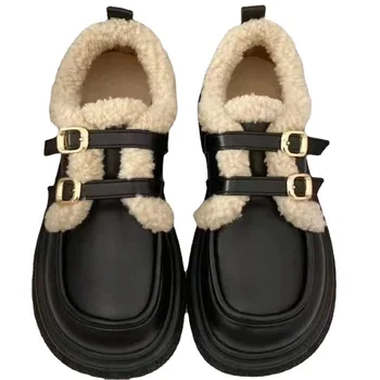 Дамски обувки от мека плюшени на кожата в британския стил, зима 2022, Нова дамски Реколта обувки Mary Jane ' s с катарамата на колана си, памучен обувки на дебела подметка 4