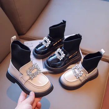 Демисезонная Кожени обувки за малки момичета, Ежедневни Обувки, без закопчалка, Модни кристали, Квадратни Чорапи, детски Обувки в стил Мозайка