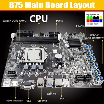 Дънна платка B75 ETH Миньор 12USB + G550 процесор + DDR4 4G RAM + 128 Г SSD + 64 Г USB Драйвер + Вентилатор + Кабел SATA + Кабел превключвател + Термопаста 5