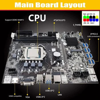 Дънна платка B75 БТК Миньор 8XUSB + G630 cpu + Оперативна памет DDR3 1600 Mhz 4G + Вентилатор за охлаждане на процесора + Кабел ключ + Кабел SATA дънна Платка USB 2