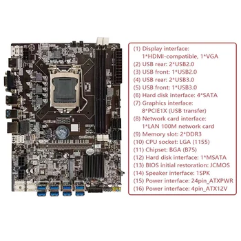 Дънна платка B75 БТК Миньор 8XUSB + G630 cpu + Оперативна памет DDR3 1600 Mhz 4G + Вентилатор за охлаждане на процесора + Кабел ключ + Кабел SATA дънна Платка USB 4