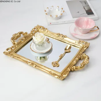 Европейски Стил Ретро Занаят Издълбани Плодов Тава Чаен Поднос Златен Печат На Стъкло Двойно Ушное Огледало За Съхранение На Бижута Тава Стъклена Тава 0