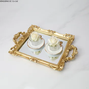 Европейски Стил Ретро Занаят Издълбани Плодов Тава Чаен Поднос Златен Печат На Стъкло Двойно Ушное Огледало За Съхранение На Бижута Тава Стъклена Тава 1